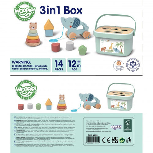 3in1 Toy Box - Sorting Blocks, Stackable Pyramid and Elephant On Wheels